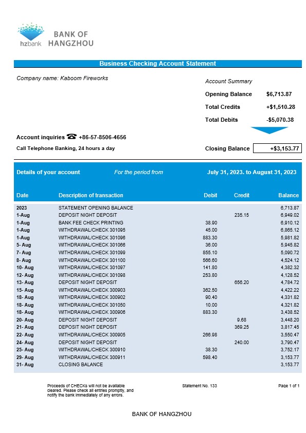 Modèle Word et PDF de déclaration d'entreprise de la Banque de Hangzhou